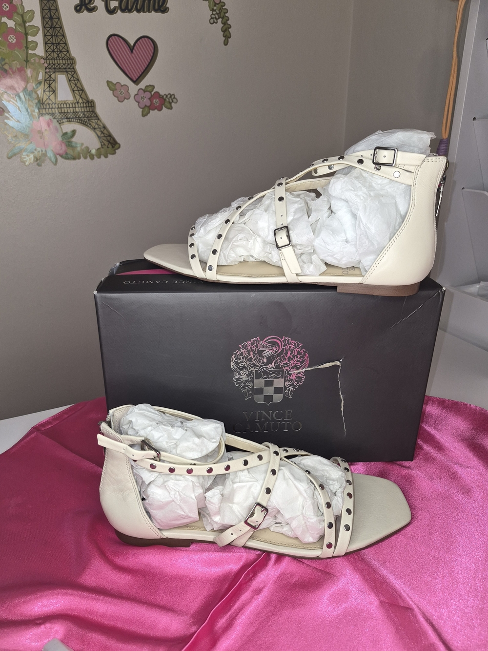 Vince Camuto Cream Studded Strappy Flat Sandals